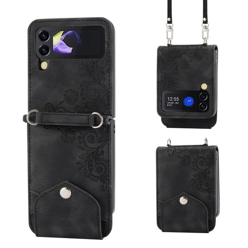 Samsung Galaxy Z Flip5 Skin Feel Flowers Embossed Wallet Leather Phone Case - Black