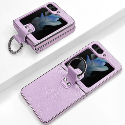 Samsung Galaxy Z Flip5 Electroplated Embossed Leather Phone Case with Ring - Purple