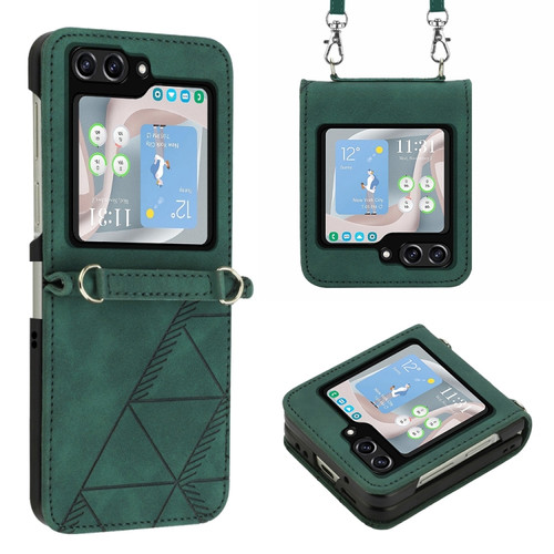 Samsung Galaxy Z Flip5 5G Crossbody 3D Embossed Flip Leather Phone Case - Dark Green