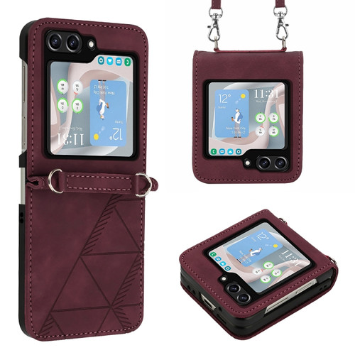 Samsung Galaxy Z Flip5 5G Crossbody 3D Embossed Flip Leather Phone Case - Wine Red