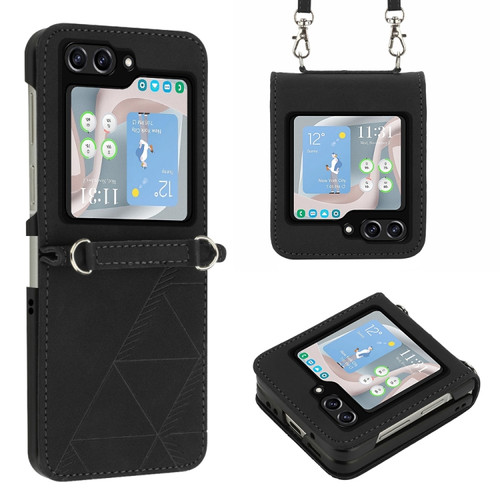 Samsung Galaxy Z Flip5 5G Crossbody 3D Embossed Flip Leather Phone Case - Black