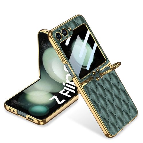 Samsung Galaxy Z Flip5 GKK Integrated Plating Diamond Texture PU Phone Case with Ring - Green