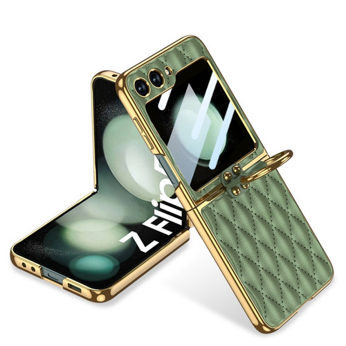 Samsung Galaxy Z Flip5 GKK Integrated Plating Diamond Texture PU Phone Case with Ring - Matcha Green