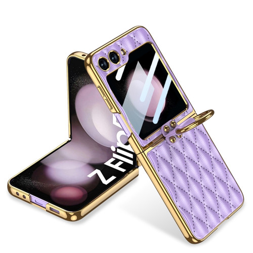 Samsung Galaxy Z Flip5 GKK Integrated Plating Diamond Texture PU Phone Case with Ring - Purple