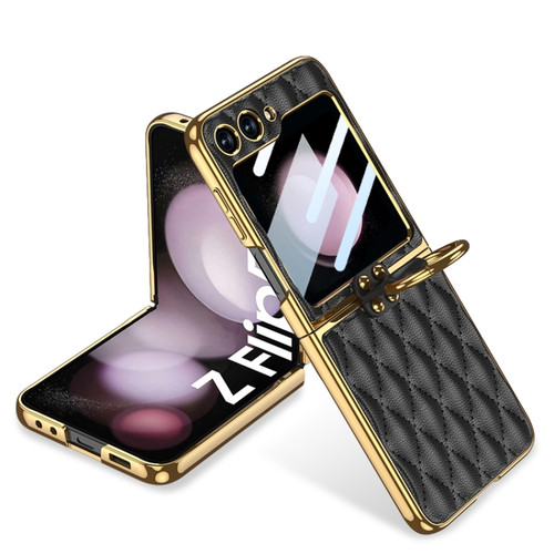 Samsung Galaxy Z Flip5 GKK Integrated Plating Diamond Texture PU Phone Case with Ring - Black