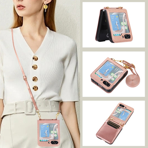 Samsung Galaxy Z Flip5 Card Slot Crossbody Folding Leather Phone Case - Pink