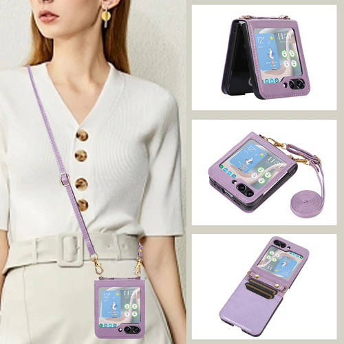 Samsung Galaxy Z Flip5 Card Slot Crossbody Folding Leather Phone Case - Purple