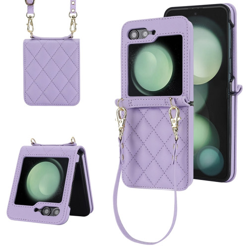 Samsung Galaxy Z Flip5 Rhombic Texture Phone Case with Long & Short Lanyard - Light Purple