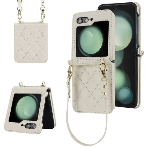 Samsung Galaxy Z Flip5 Rhombic Texture Phone Case with Long & Short Lanyard - White