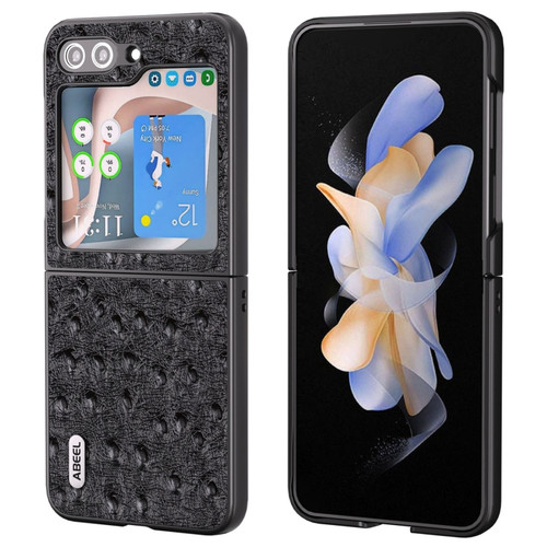 Samsung Galaxy Z Flip5 ABEEL Genuine Leather Ostrich Texture Phone Case - Black