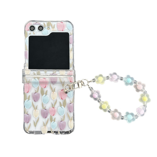 Samsung Galaxy Z Flip5 Transparent PC All Inclusive Hinge Folding Phone Case with Bracelet - Big Tulip