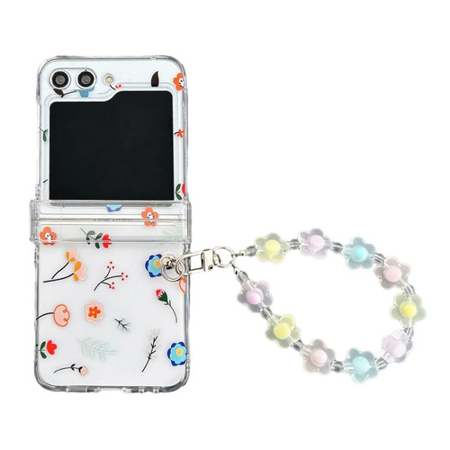 Samsung Galaxy Z Flip5 Transparent PC All Inclusive Hinge Folding Phone Case with Bracelet - Small Flowers
