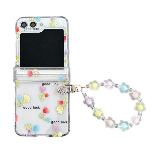 Samsung Galaxy Z Flip5 Transparent PC All Inclusive Hinge Folding Phone Case with Bracelet - Small Tulip