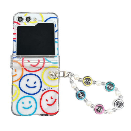 Samsung Galaxy Z Flip5 Transparent PC All Inclusive Hinge Folding Phone Case with Bracelet - Colorful Smiley