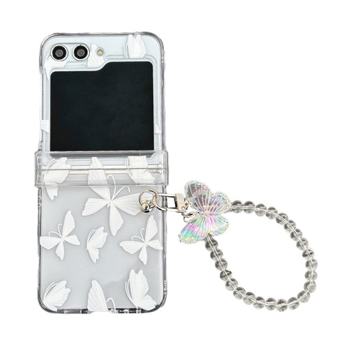 Samsung Galaxy Z Flip5 Transparent PC All Inclusive Hinge Folding Phone Case with Bracelet - White Butterfly