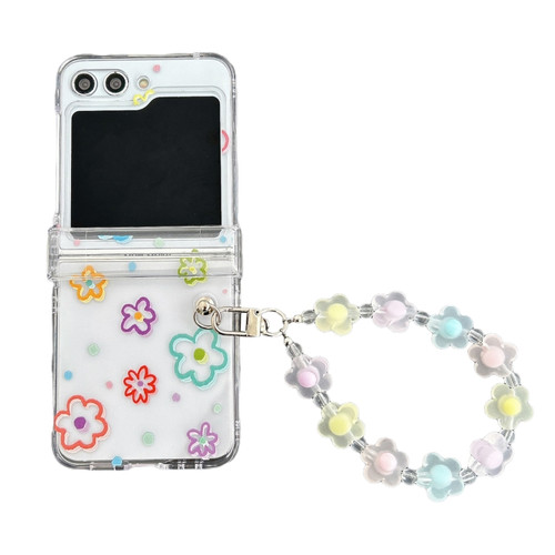 Samsung Galaxy Z Flip5 Transparent PC All Inclusive Hinge Folding Phone Case with Bracelet - Hollow Flower