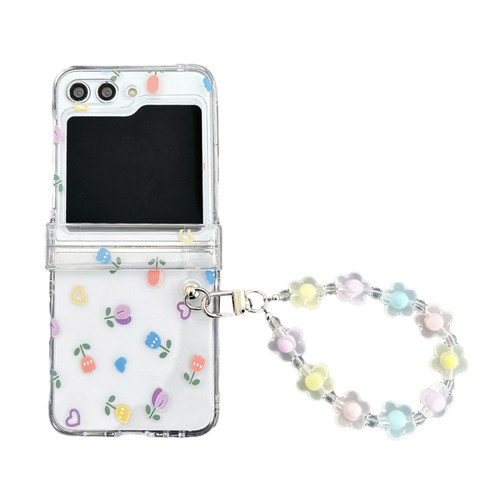 Samsung Galaxy Z Flip5 Transparent PC All Inclusive Hinge Folding Phone Case with Bracelet - Colorful Flower