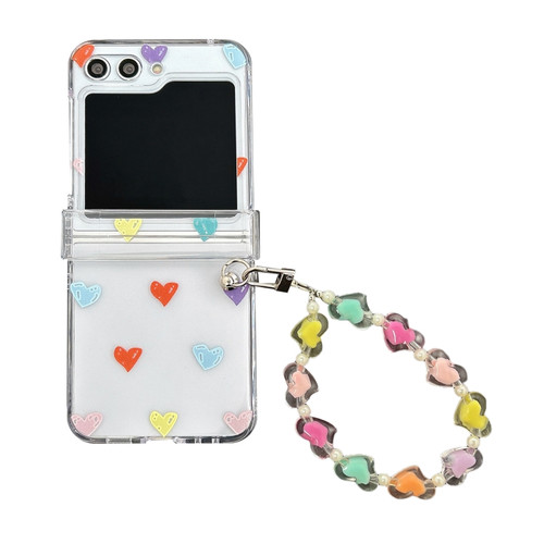 Samsung Galaxy Z Flip5 Transparent PC All Inclusive Hinge Folding Phone Case with Bracelet - Colorful Hearts