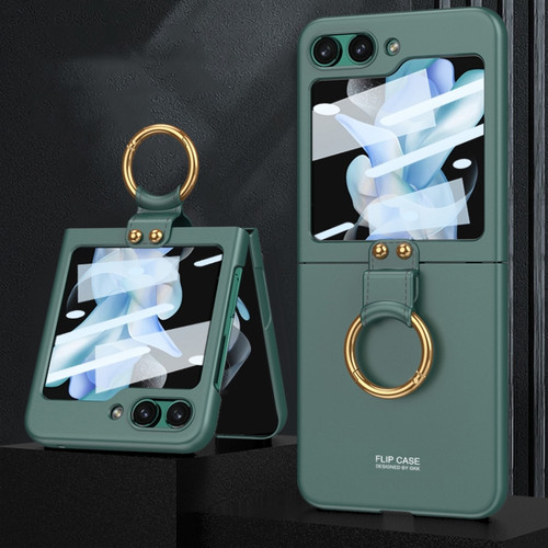 Samsung Galaxy Z Flip5 GKK Ultra-thin PC Full Coverage Phone Case with Ring Holder / Tempered Film - Dark Green