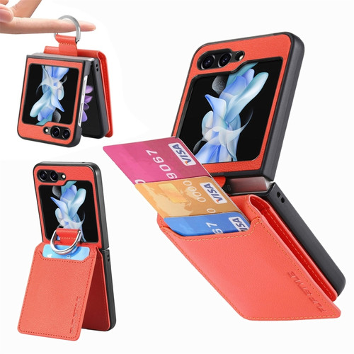 Samsung Galaxy Z Flip5 JUNSUNMAY Lichee Pattern Leather Skin PC Folding Phone Case with Pen Slot - Orange
