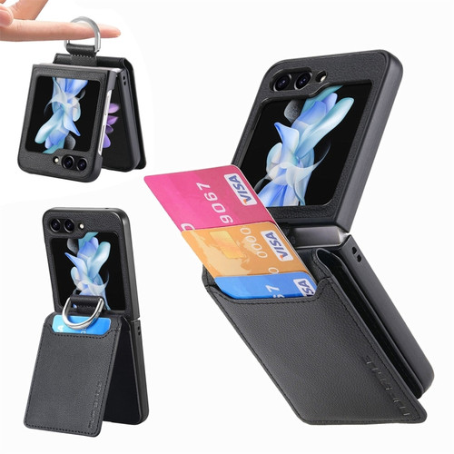 Samsung Galaxy Z Flip5 JUNSUNMAY Lichee Pattern Leather Skin PC Folding Phone Case with Pen Slot - Black
