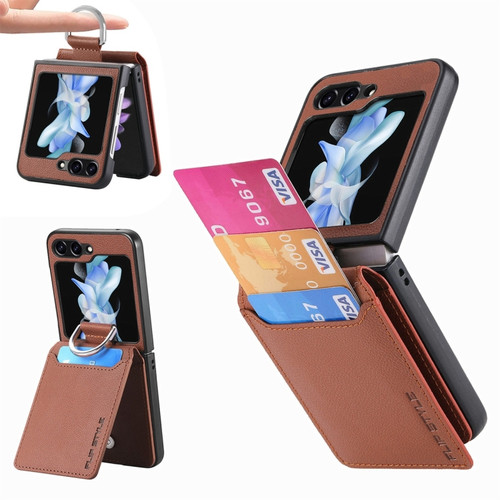 Samsung Galaxy Z Flip5 JUNSUNMAY Lichee Pattern Leather Skin PC Folding Phone Case with Pen Slot - Brown