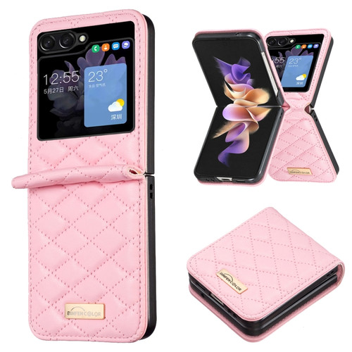 Samsung Galaxy Z Flip5 Elegant Rhombic Texture Leather Phone Case - Pink