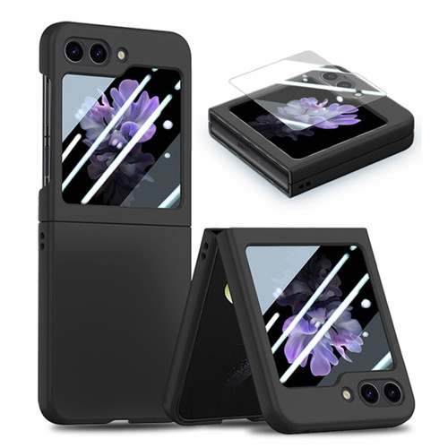 Samsung Galaxy Z Flip5 JUNSUNMAY 9H Tempered Glass Protector Folding PC Phone Case - Black