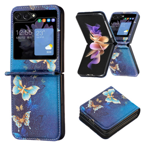 Samsung Galaxy Z Flip5 Colored Drawing Leather Phone Case - Gold Butterfly