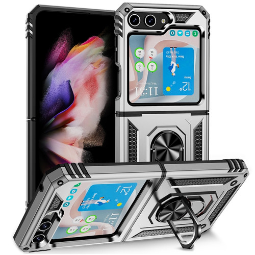 Samsung Galaxy Z Flip5 Shockproof TPU + PC Phone Case with Holder - Silver