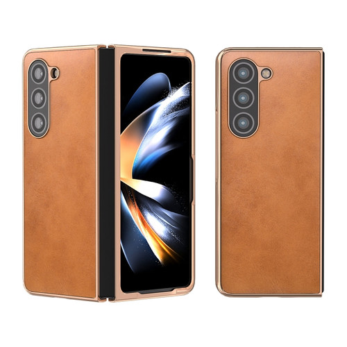 Samsung Galaxy Z Fold5 Nano Electroplating Dual Color Cowhide Texture Protective Phone Case - Brown