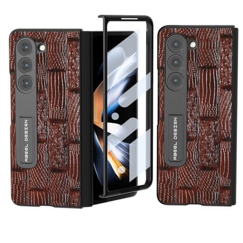 Samsung Galaxy Z Fold5 ABEEL Integrated Genuine Leather Mahjong Texture Series Phone Case with Holder - Brown