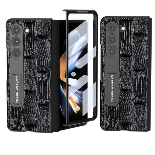 Samsung Galaxy Z Fold5 ABEEL Integrated Genuine Leather Mahjong Texture Series Phone Case with Holder - Black