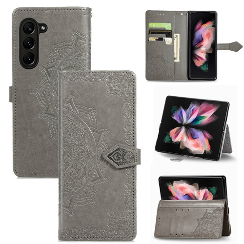 Samsung Galaxy Z Fold5 Mandala Flower Embossed Leather Phone Case - Gray