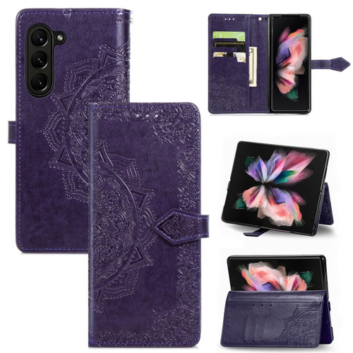 Samsung Galaxy Z Fold5 Mandala Flower Embossed Leather Phone Case - Purple