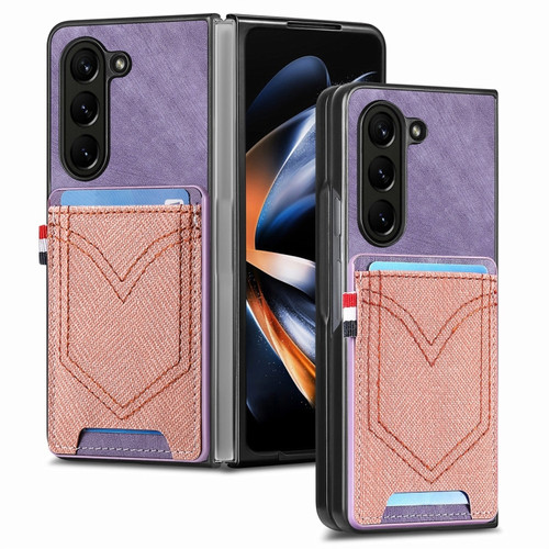 Samsung Galaxy Z Fold5 JUNSUNMAY Denim Pattern Leather Skin PC Folding Phone Case with Card Slot - Purple