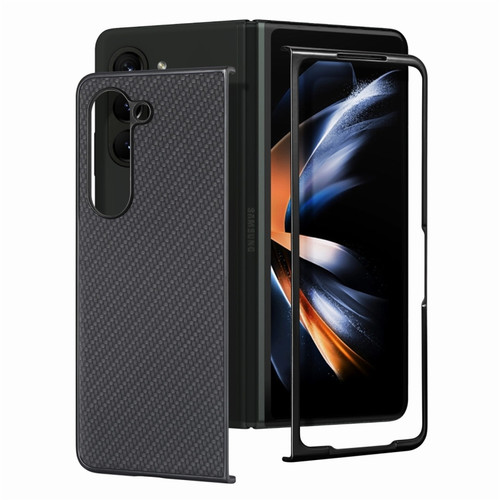 Samsung Galaxy Z Fold5 JUNSUNMAY Carbon Fiber Pattern Leather Skin PC Folding Phone Case - Black