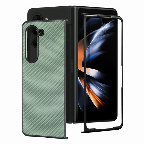 Samsung Galaxy Z Fold5 JUNSUNMAY Carbon Fiber Pattern Leather Skin PC Folding Phone Case - Green