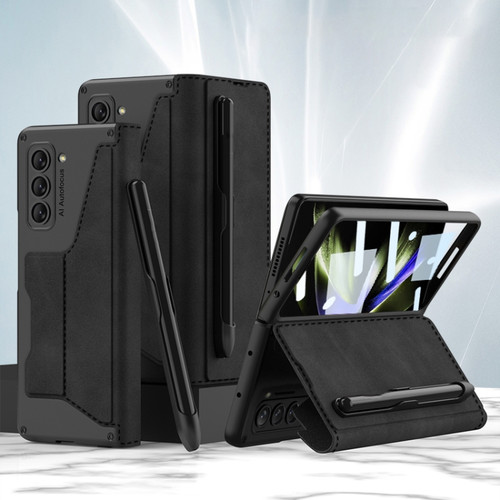 Samsung Galaxy Z Fold5 5G GKK Screen Tempered Glass Film Armor Flip Leather Case with Pen Slot - Black
