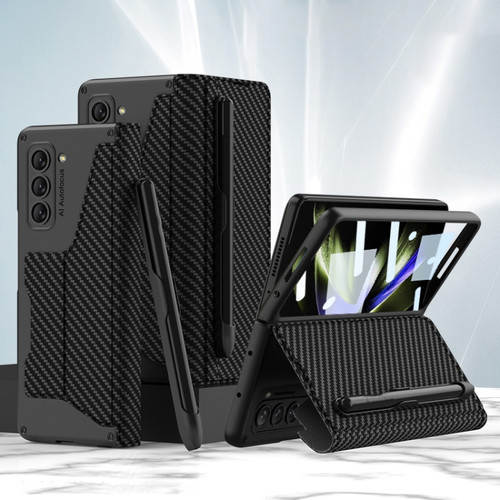 Samsung Galaxy Z Fold5 5G GKK Screen Tempered Glass Film Armor Flip Leather Case with Pen Slot - Carbon Fiber Texture