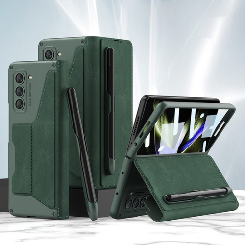 Samsung Galaxy Z Fold5 5G GKK Screen Tempered Glass Film Armor Flip Leather Case with Pen Slot - Green