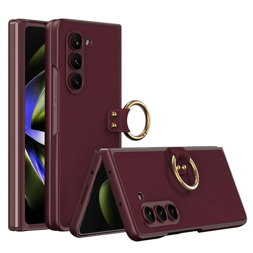 Samsung Galaxy Z Fold5 GKK Ultra-thin PC + PU Phone Case with Ring - Wine Red