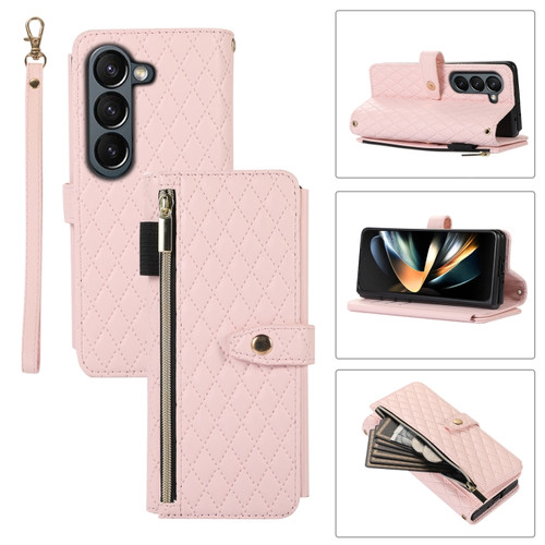 Samsung Galaxy Z Fold5 Crossbody Diamond Lattice Folding Leather Phone Case - Pink