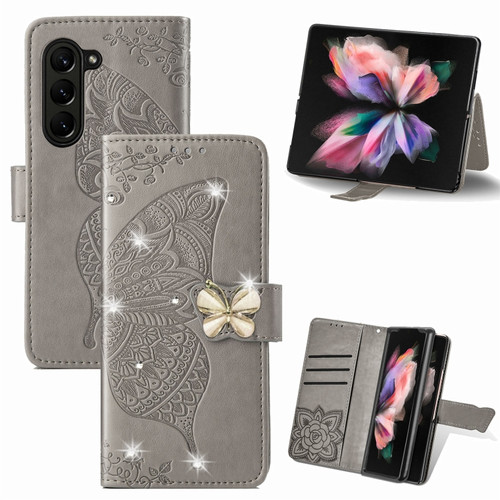Samsung Galaxy Z Fold5  5G Rhinestones Butterfly Love Flower Embossed Leather Phone Case - Grey