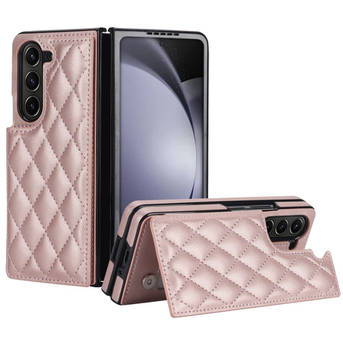 Samsung Galaxy Z Fold5 Rhombic Texture Full Coverage Fold Double Buckle PU Phone Case - Rose Gold