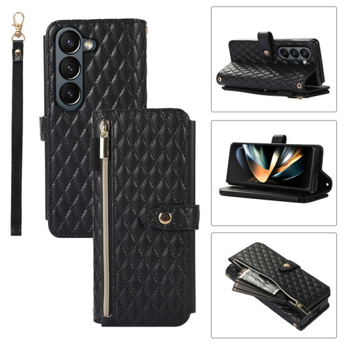 Samsung Galaxy Z Fold5 Crossbody Diamond Lattice Folding Leather Phone Case - Black