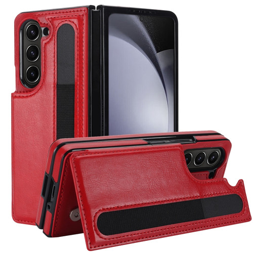 Samsung Galaxy Z Fold5 Full Coverage Fold Double Buckle PU Phone Case with Pen Slots - Red