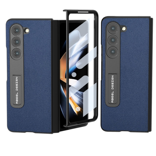 Samsung Galaxy Z Fold5 Integrated Genuine Leather Luolai Series Phone Case with Holder - Dark Blue
