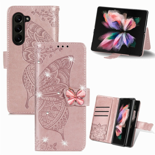 Samsung Galaxy Z Fold5  5G Rhinestones Butterfly Love Flower Embossed Leather Phone Case - Rose  Gold