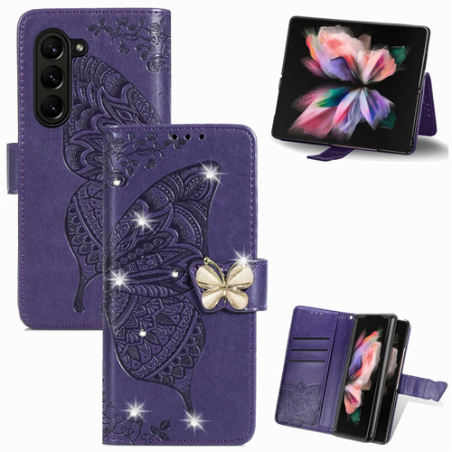 Samsung Galaxy Z Fold5  5G Rhinestones Butterfly Love Flower Embossed Leather Phone Case - Dark Purple
